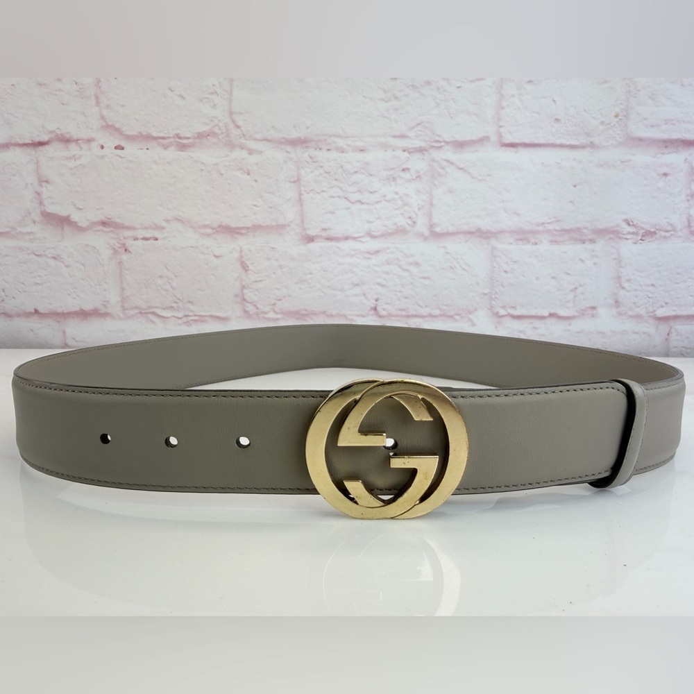 Authentic Gucci Gray Interlocking G Leather Belt Gold Buckle 546386 85/34